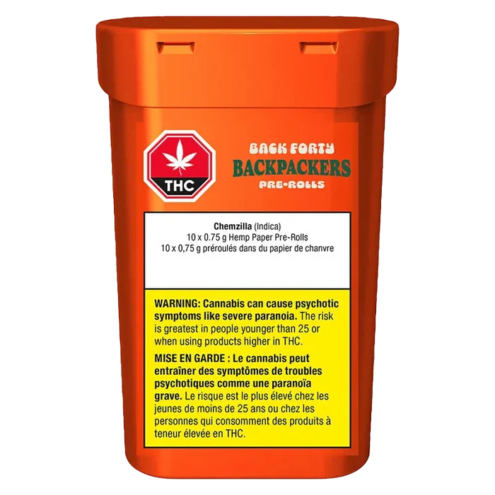 Front-facing shot of the orange Backpackers Chemzilla PR 10 x 0.75 g container with warning label and THC emblem visible.