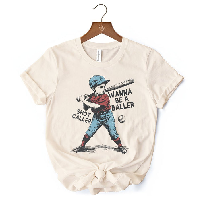 Baseball Retro T-Shirt Wanna Be a Baller, Vintage White and Natural Tee T-Shirts OrnamentallyYou