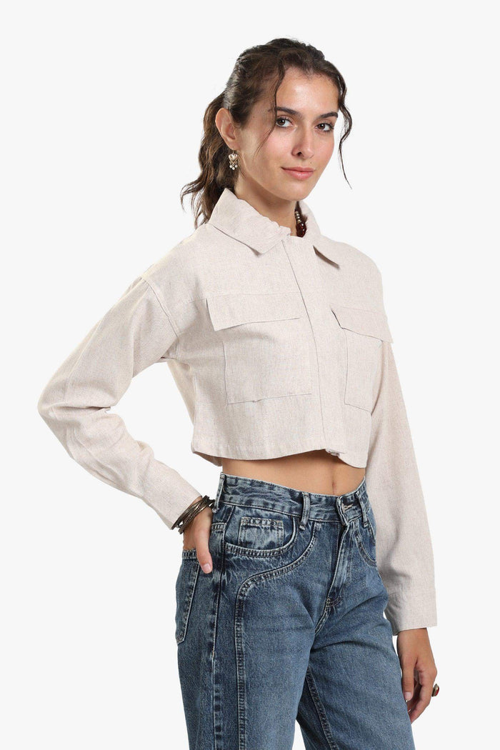 Beige Linen Cropped Shirt