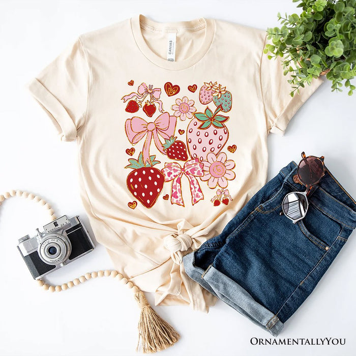 Boho Strawberry Coquette T-Shirt, Cute Bow and Floral White and Natural Tee for Sweet and Stylish Women T-Shirts OrnamentallyYou Natural XS
