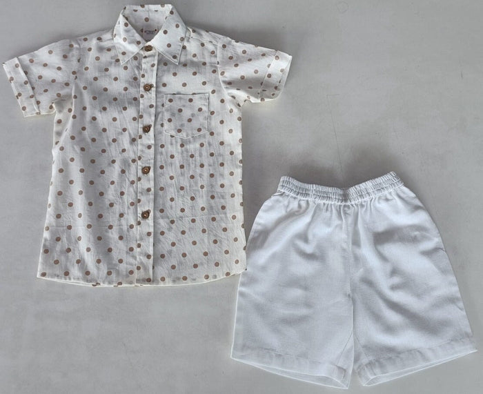 Brown Polka Dot Print Boys Shirt & White Shorts set Shirt-Shorts Yo Baby India