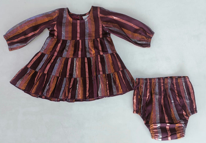 Burgundy Solid Color Multi Lurex Tiered Long Sleeve Dress dress & diaper cover, DRESS Yo Baby India