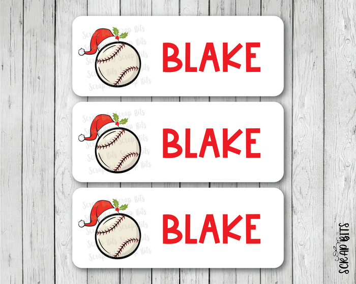 Christmas Baseball Name Labels, Santa Hat, Personalized Gift Stickers - Scrap Bits