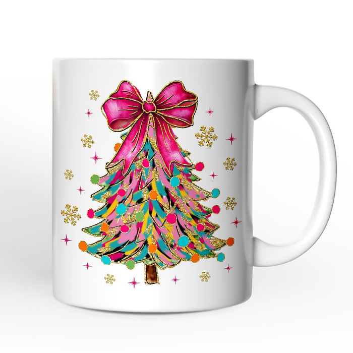 Colorful Glitter Christmas Tree Pink Bow Personalized Mug, Pink Bow Coquette Holiday Gift with Custom Name Personalized Ceramic Mug OrnamentallyYou White - Black Non-Custom