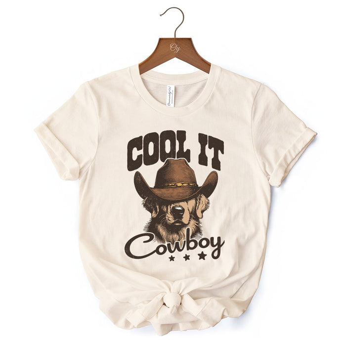 Cool It Cowboy T-Shirt With Western Dog, Retro Golden Retriever White and Natural Tee for Country Lover T-Shirts OrnamentallyYou
