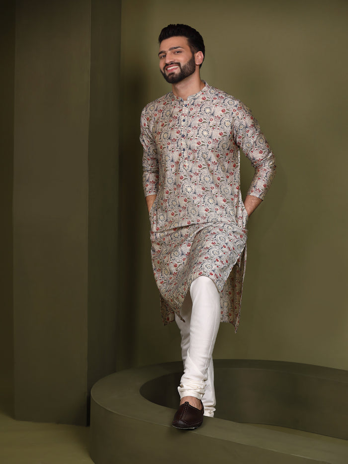 Cream Cotton Printed Kurta Churidar Set