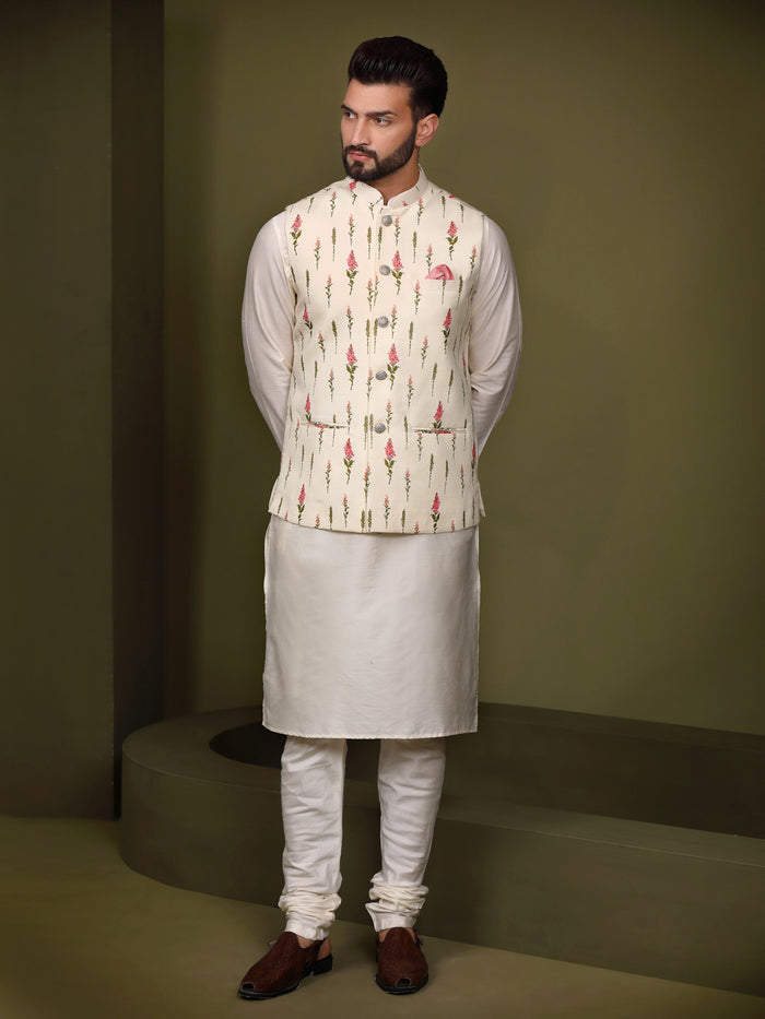 Cream Floral Printed Nehru Jacket Kurta Churidar