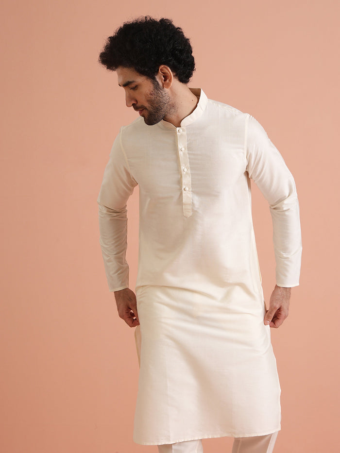 Cream Silk Blend Solid Long Kurta