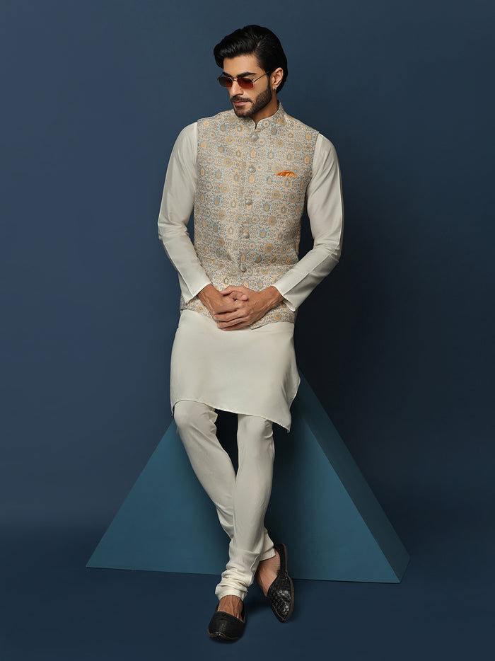 Cream Silk Blend Textured Nehru Jacket Kurta Churidar