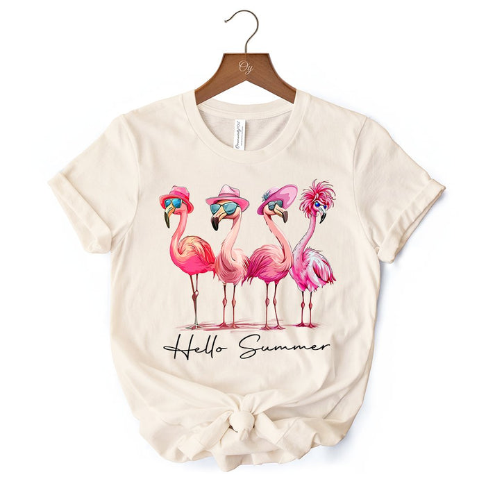 Flamingo Hello Summer T-Shirt, White and Natural Retro Tee with Tropical Birds T-Shirts OrnamentallyYou