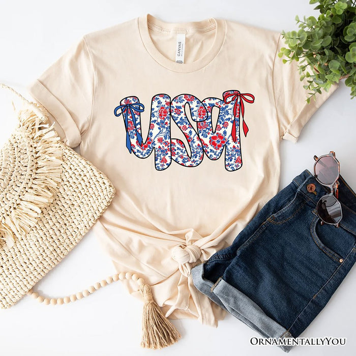 Floral USA Patriotic T-Shirt, 4th of July White, Natural and Black Tee for Stylish Women T-Shirts OrnamentallyYou Natural XS