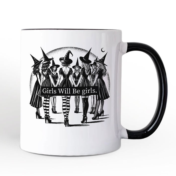 Girls Will Be Girls Personalized Mug, Witchy Halloween Gift with Custom Name for Empowered Women Personalized Ceramic Mug OrnamentallyYou White - Black Non-Custom