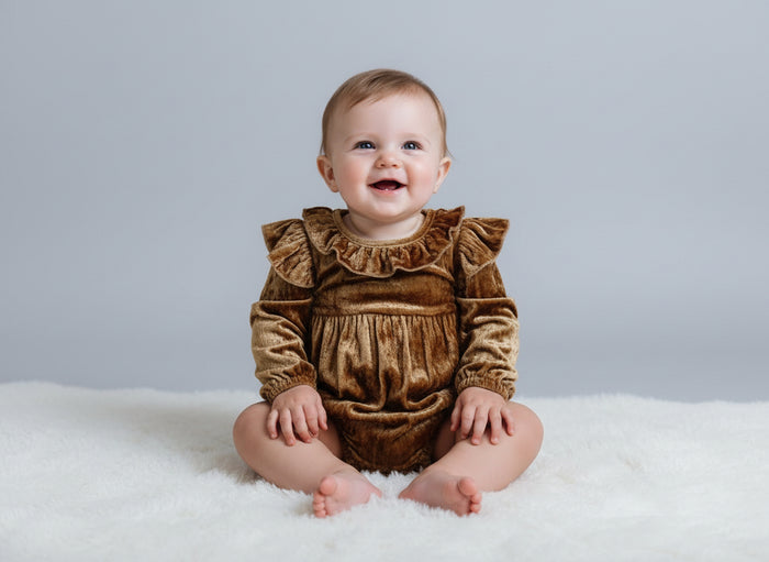 Gold Viscose Velvet Full Sleeves Ruffle Romper romper Yo Baby Wholesale