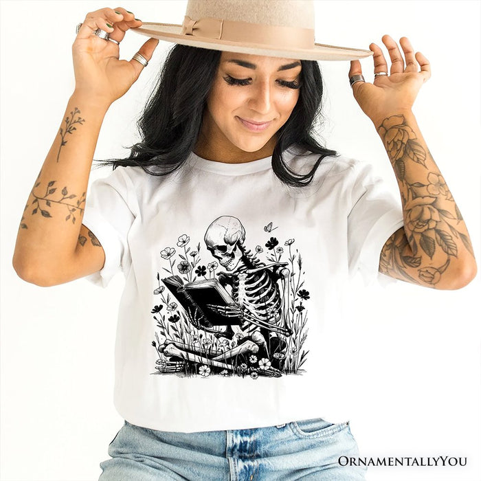 Gothic Reading Skeleton T-Shirt, Floral Halloween Tee for Spooky Bookworms T-Shirts OrnamentallyYou