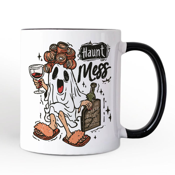 Haunt Mess Wine-Loving Ghost Personalized Mug, Funny Halloween Gift with Spooky Ghost and Custom Name Personalized Ceramic Mug OrnamentallyYou White - Black Non-Custom