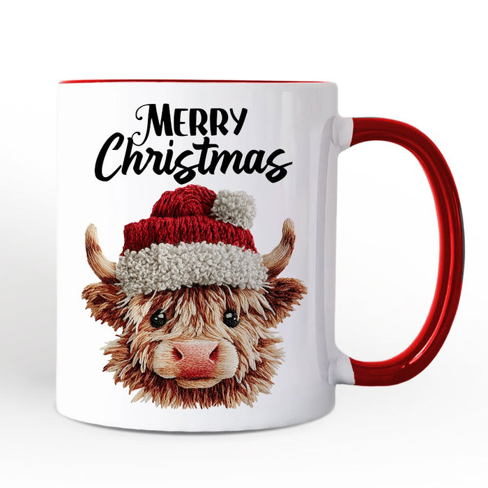 Highland Cow Santa Hat Christmas Personalized Mug, Imitation Latch Hook Yarn Cozy Gift with Custom Name Personalized Ceramic Mug OrnamentallyYou White - Red Non-Custom