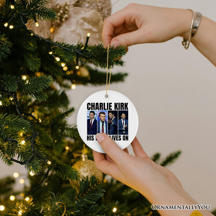 His Voice Lives On Charlie Kirk Graphic Christmas Ornament, Patriotic Republican Gift and Tree Decor Ceramic Ornament OrnamentallyYou