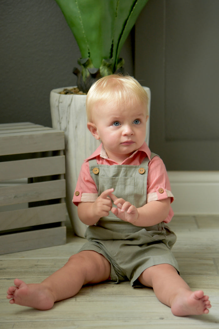 Infant Romper-Shirt and Overalls Set - Coral & Grey Boys Yo Baby Wholesale