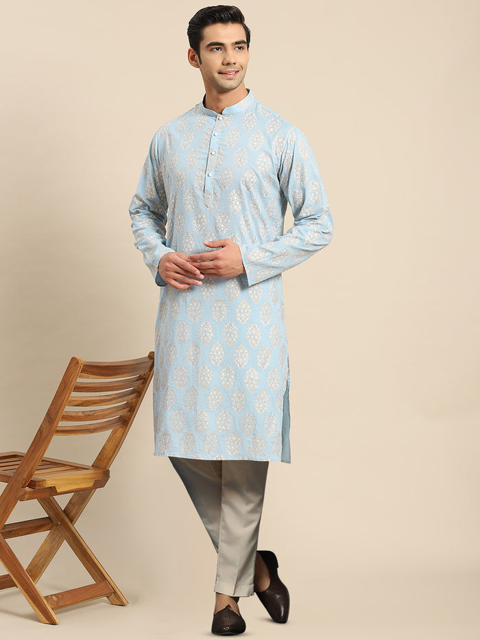 Light Blue Jacquard Kurta with Beige Trouser
