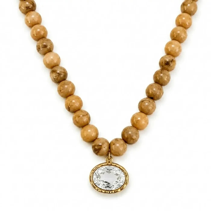 Light Brown Marbled Bead Glass Crystal Pendant Necklace