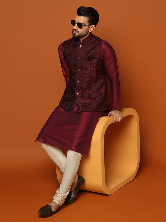 Maroon Cotton Woven Nehru Jacket Kurta Churidar