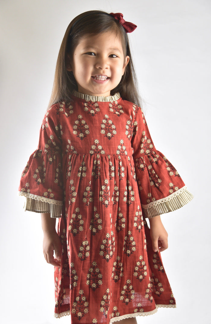 Maroon Dress with Pin Stripe Detail on Sleeve and Neck Dress Yo Baby Wholesale