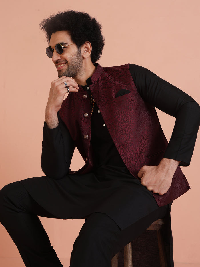 Maroon Jacquard Nehru Jacket Kurta Set