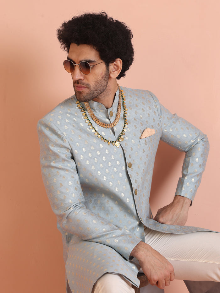 Men Blue Textured Indowestern Trouser Set