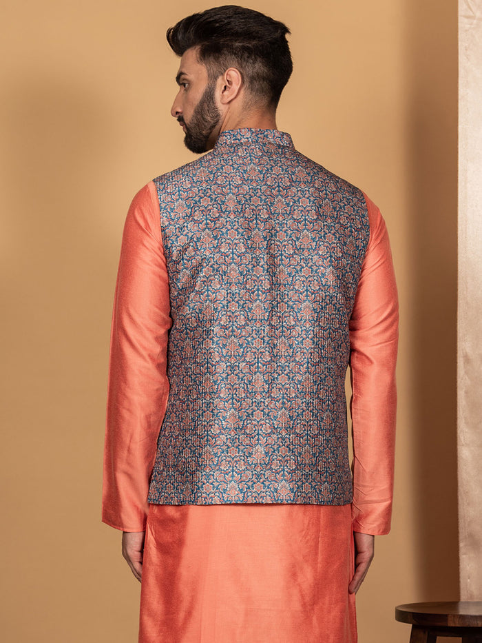 Men Blue Traditional Motifs Nehru Jacket