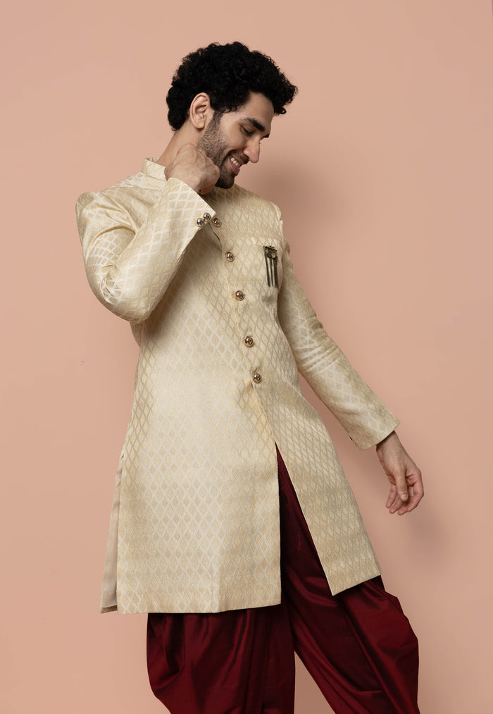 Men Cream Textured Solid Indowestern Dhoti Set