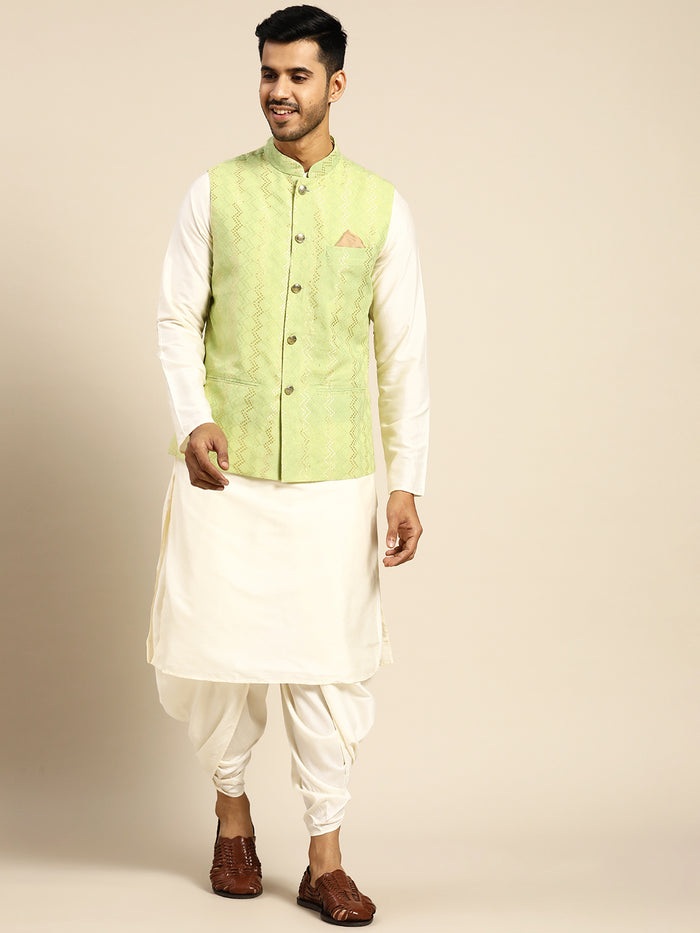 Men Green Color Kurta Jacket Set