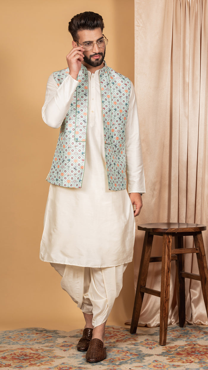 Men Green Kurta Jacket Set