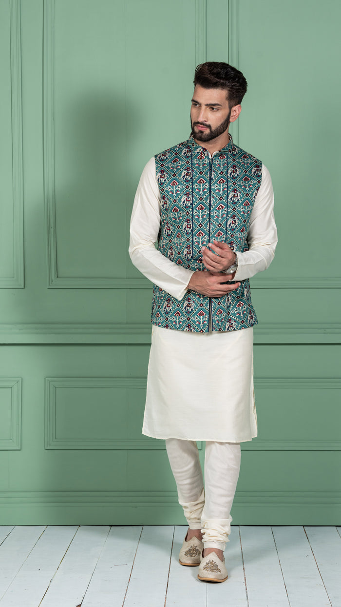 Men Green Kurta Jacket Set