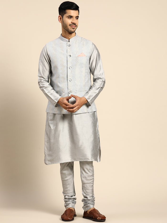 Men Grey Color Kurta Jacket Set
