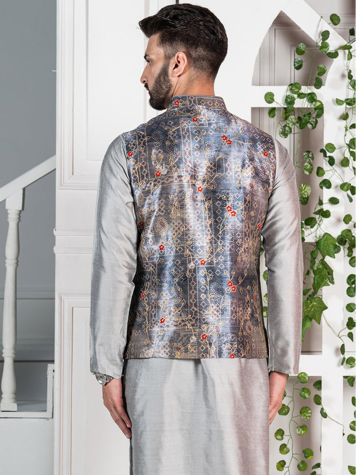 Men Grey Traditional Motifs Nehru Jacket