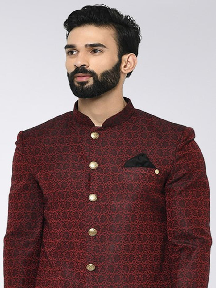 Men Maroon Textured Indowestern Churidar Set