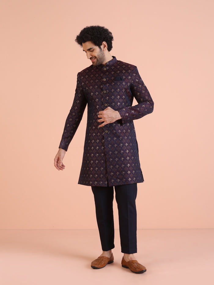 Men Purple & Wine Textured Indowestern Trouser Set