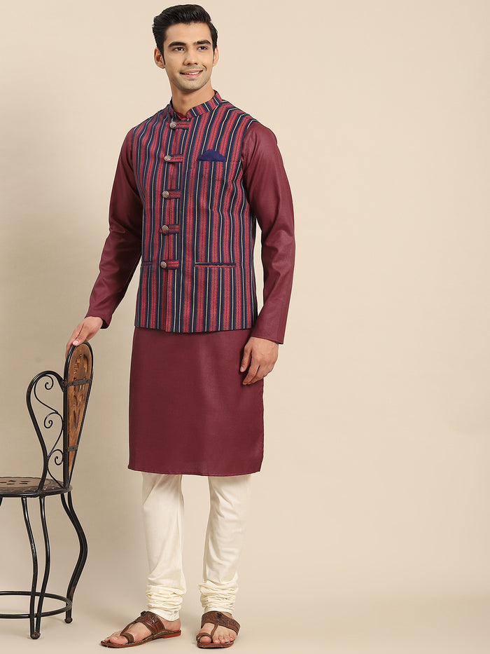 Men Red Kurta Jacket Set