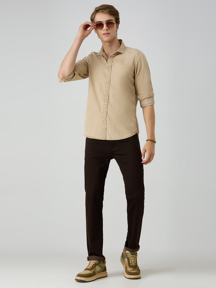 Men's Beige Solid Straight Fit Shirts