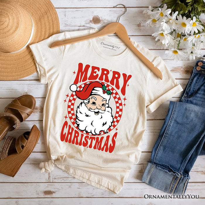 Merry Christmas Santa T‑Shirt, Retro Red Checkered Tee for Classic Holiday Season T-Shirts OrnamentallyYou White XS