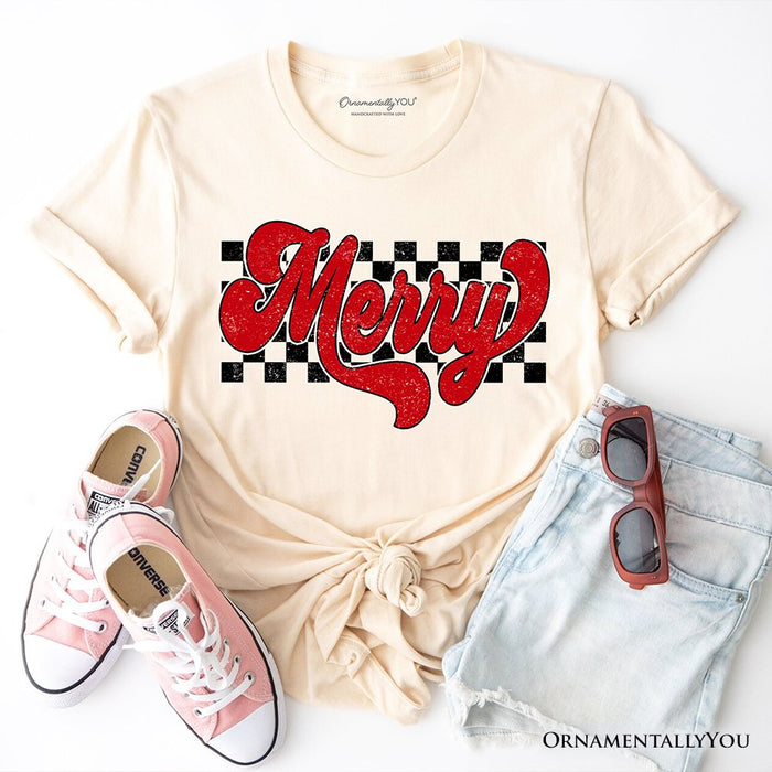 Merry Retro T‑Shirt, Christmas Checkered Tee T-Shirts OrnamentallyYou Natural XS