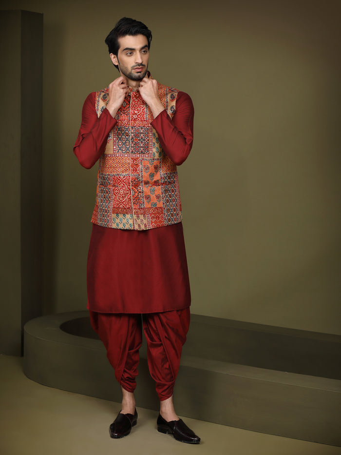 Multi Color Silk Blend Printed Jacket Kurta Dhoti Set