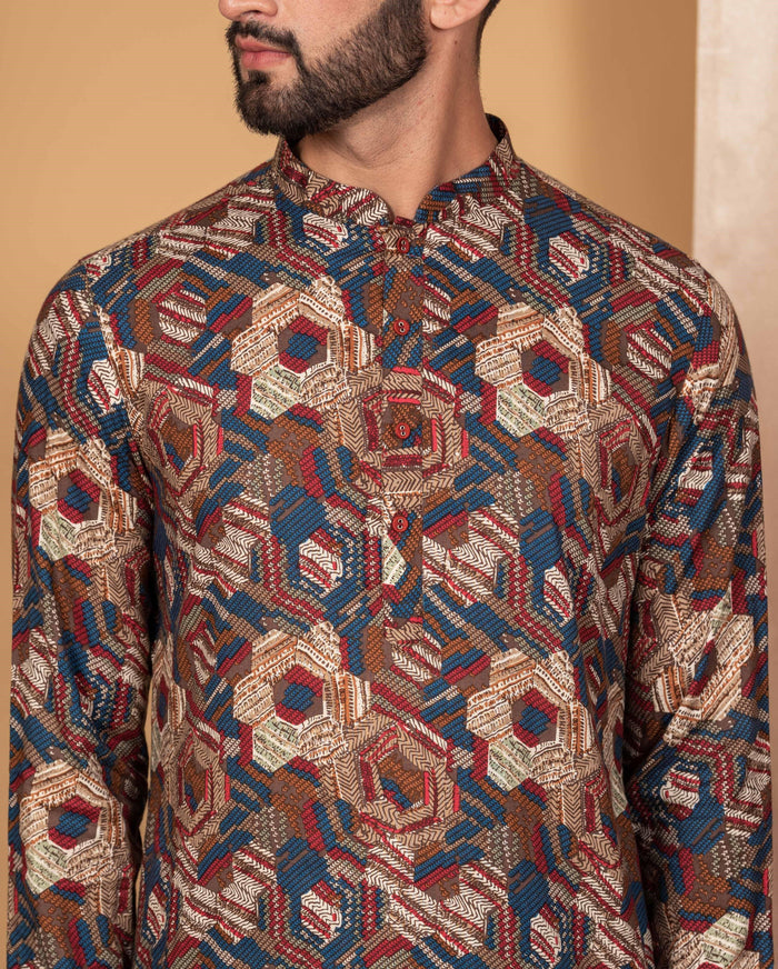 Multicolor Printed Cotton Kurta Dhoti Set