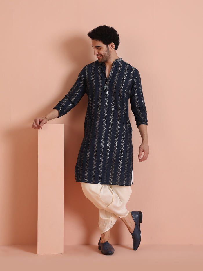 Navy Art Silk Zigzag Kurta