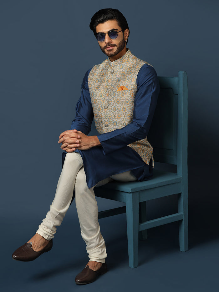Navy Blue Silk Blend Textured Nehru Jacket Kurta Set
