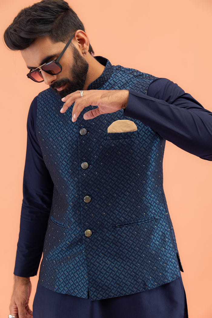 Navy Blue Silk Embellished Nehru Jacket Kurta Set