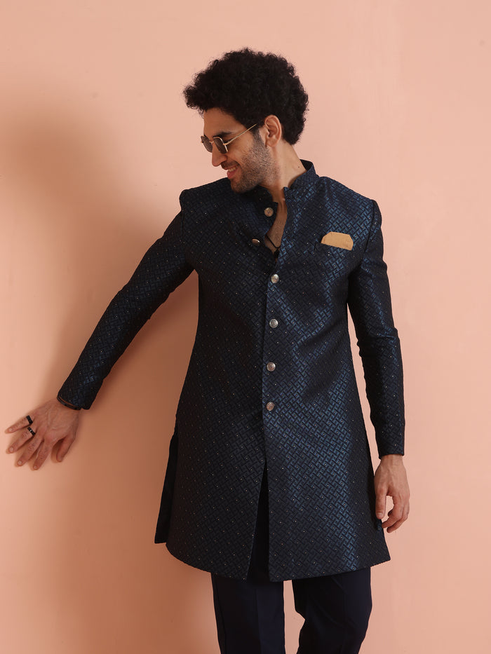 Navy Blue Textured Sherwani Trouser Set