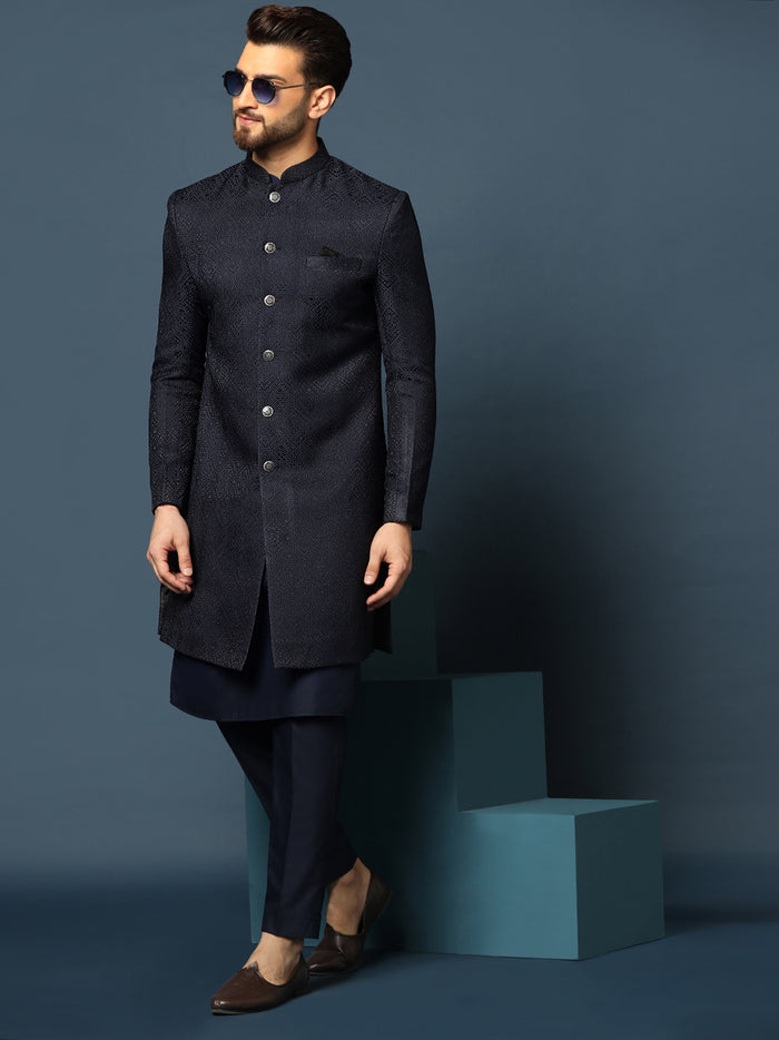 Navy Blue Woven Sherwani Trouser Set