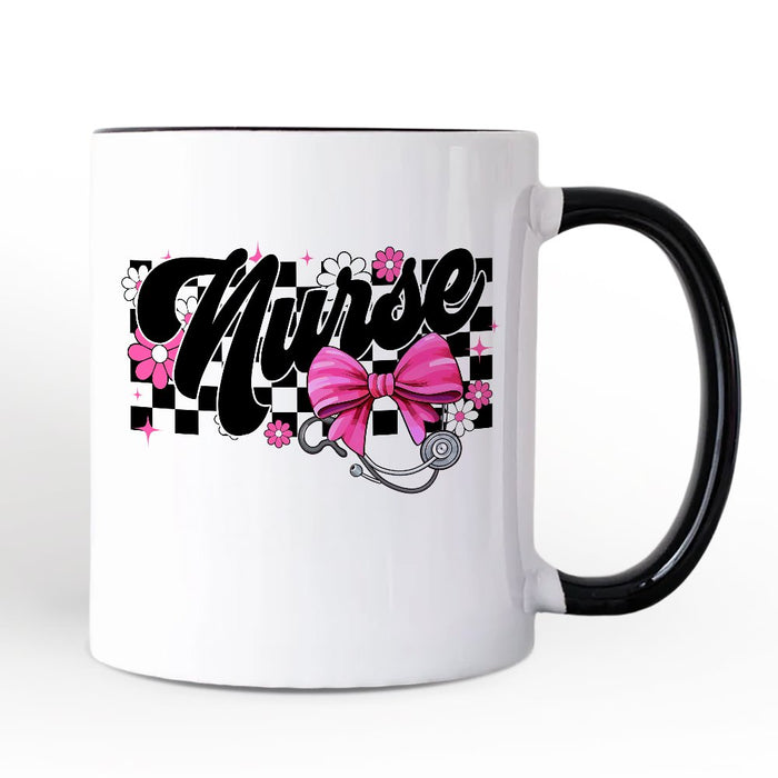 Nurse Floral Coquette Pink Bow Personalized Mug, Coquette Medical Worker Gift with Custom Name Personalized Ceramic Mug OrnamentallyYou White - Black Non-Custom