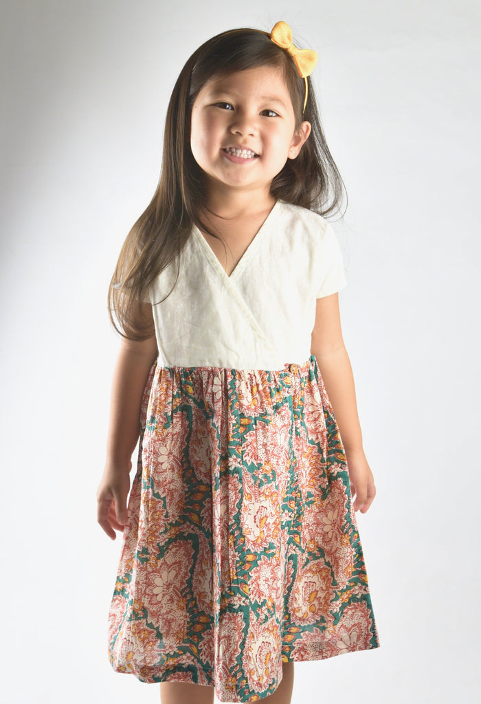Off White and Green Floral Print Wrap Dress Dress Yo Baby Wholesale